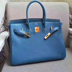 Hermes Birkin 35cm cattle skin vein Handbags blue gold