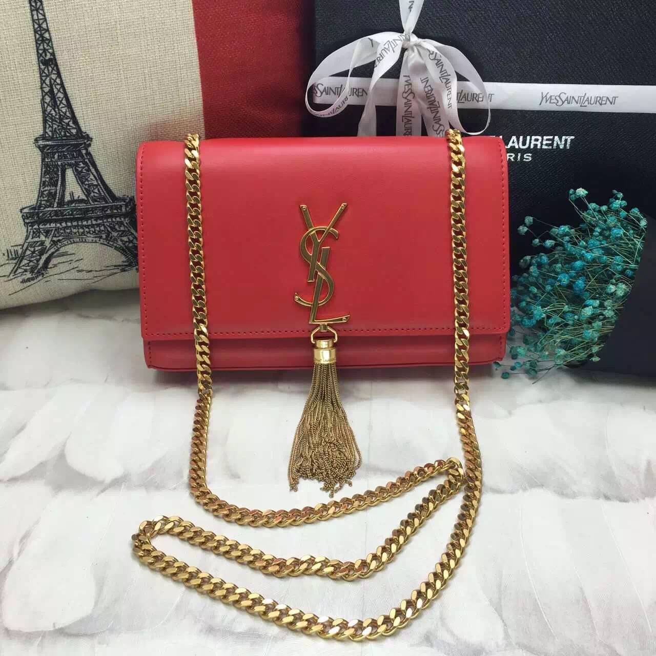 YSL Tassel Chain Bag 22cm Smooth Leather Red Gold [YSL2017-1702] - $216 ...